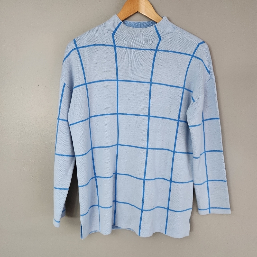 LOFT Large petite Windowpane Sky Blue Sweater mid weight high neck cozy NWT